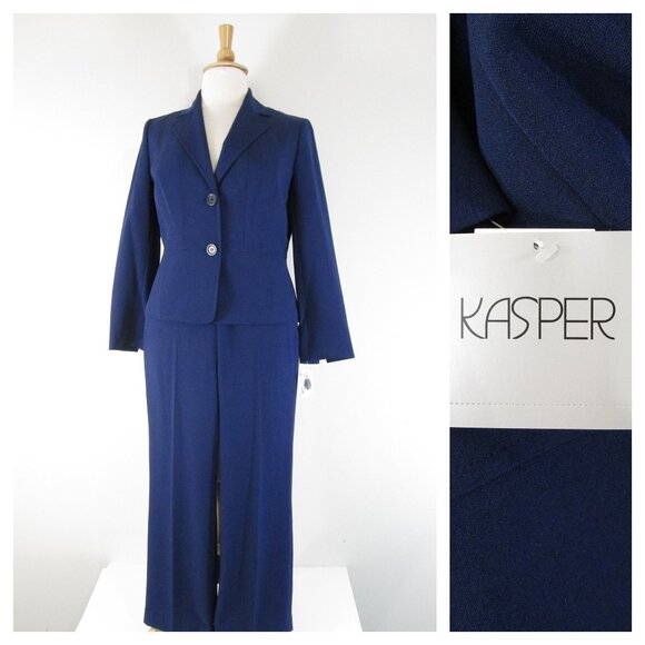 Kasper Petite Solid Navy Blue Pant Suit 12 10P Formal Business Career - Picture 1 of 15